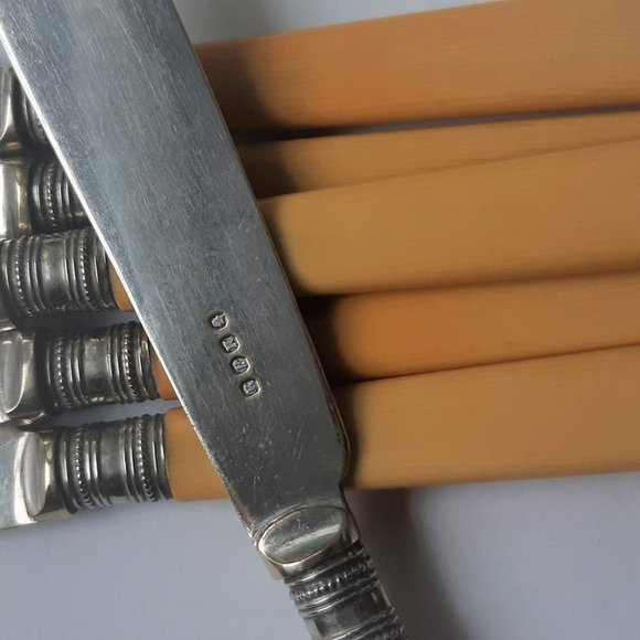 VTG Antique French Ivory Celluloid Handle Silver Plate Forks & Knieves Set of 12 - Picture 10 of 10